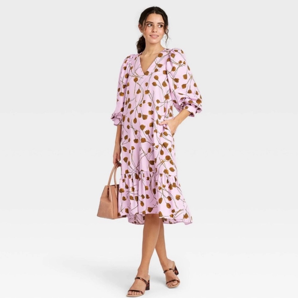 A New Day Midi Lilac and Brown Floral Dress